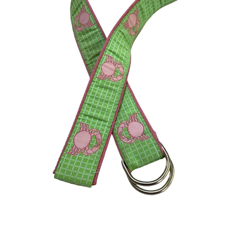 Douglas Paquette Crab D Ring Belt M Green Pink Preppy Coastal Nautical